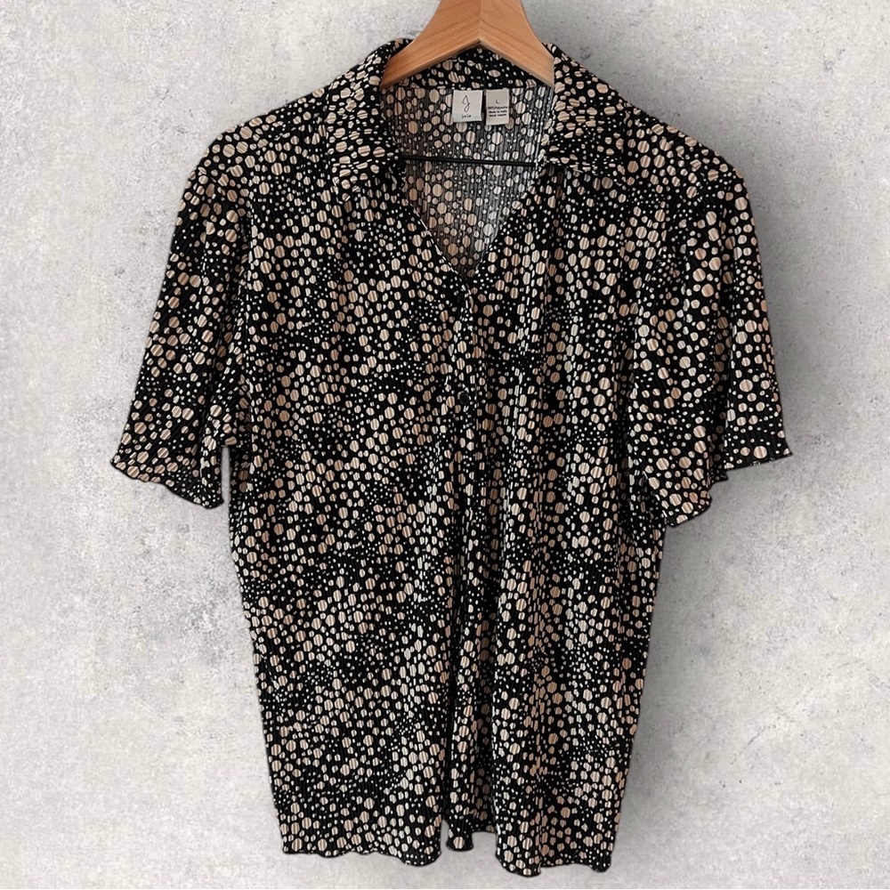 Joie Crepe Black Polka Dot Button Down Pleated Collared Top Size L